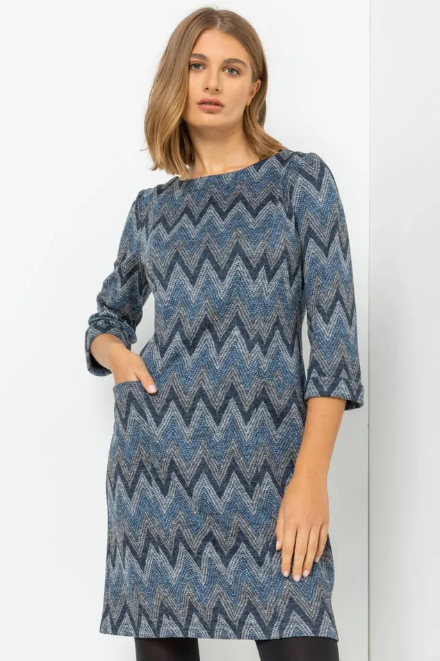 Women Navy Zig Zag Pocket Shift Dress Roman Dresses