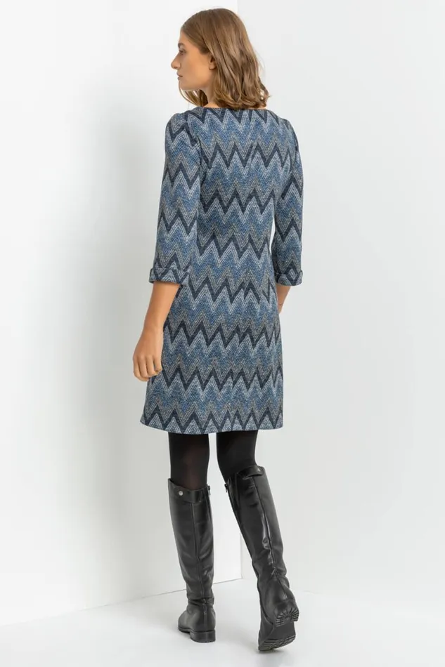 Women Navy Zig Zag Pocket Shift Dress Roman Dresses