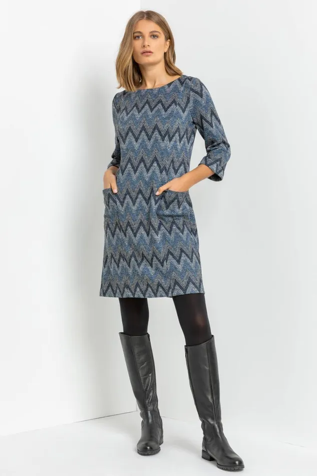 Women Navy Zig Zag Pocket Shift Dress Roman Dresses