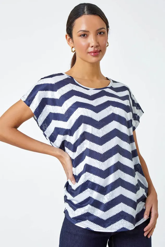 Women Navy Zig Zag Print Relaxed Top Roman Tops