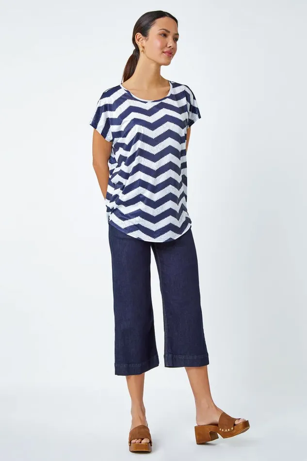 Women Navy Zig Zag Print Relaxed Top Roman Tops
