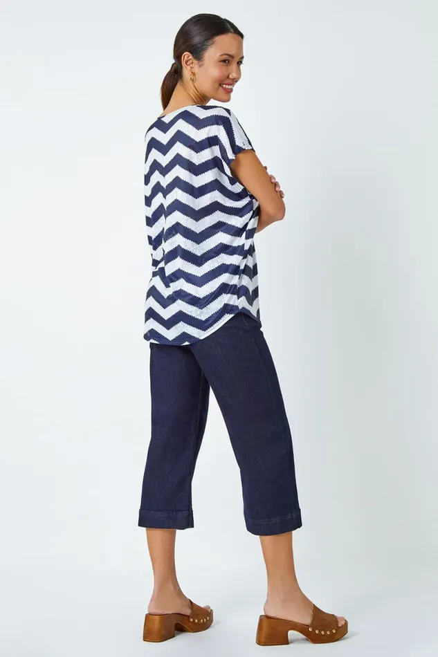 Women Navy Zig Zag Print Relaxed Top Roman Tops