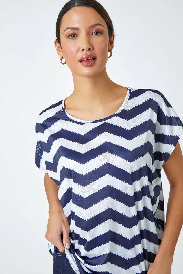 Women Navy Zig Zag Print Relaxed Top Roman Tops