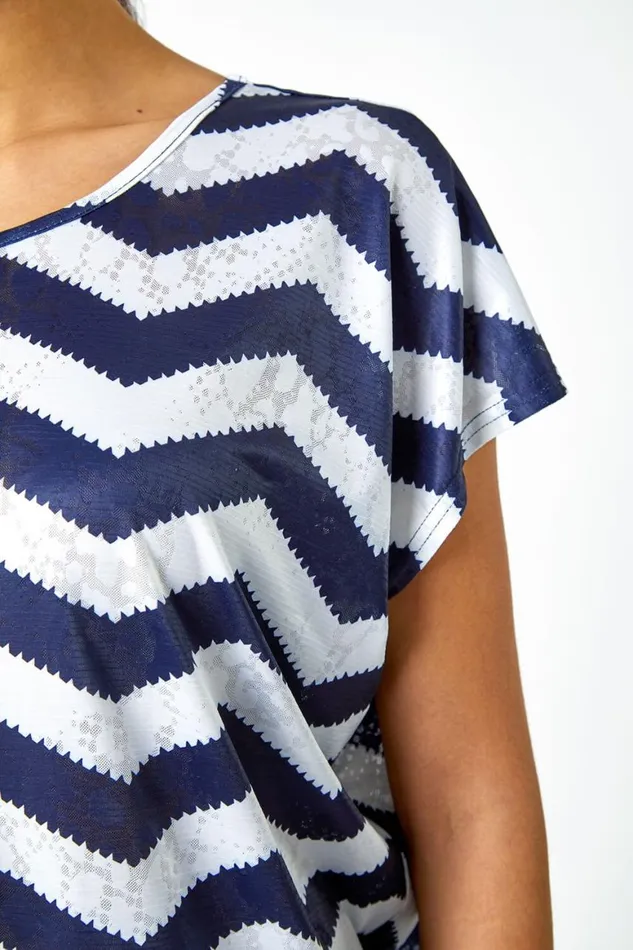 Women Navy Zig Zag Print Relaxed Top Roman Tops