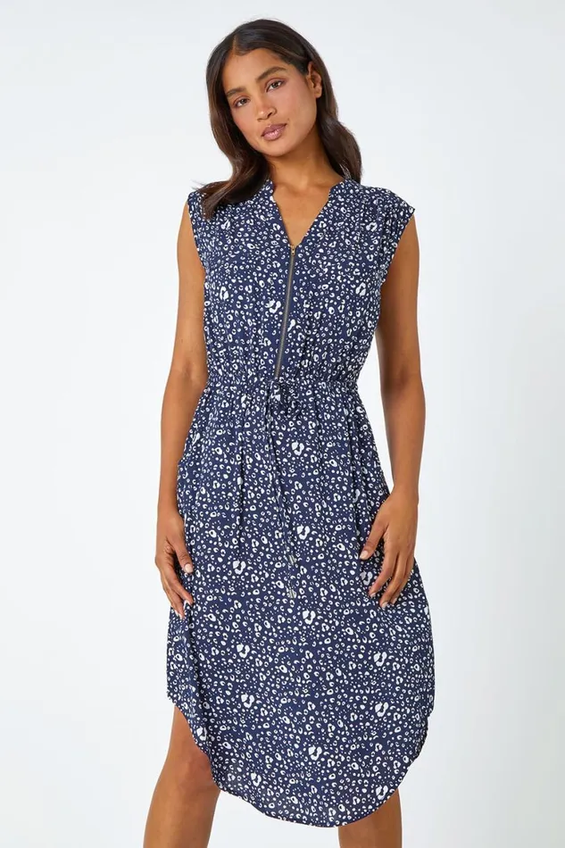 Women Navy Zip Detail Leopard Print Dress Roman Dresses