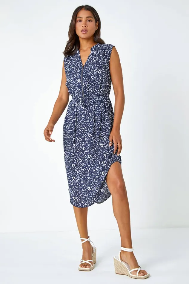 Women Navy Zip Detail Leopard Print Dress Roman Dresses