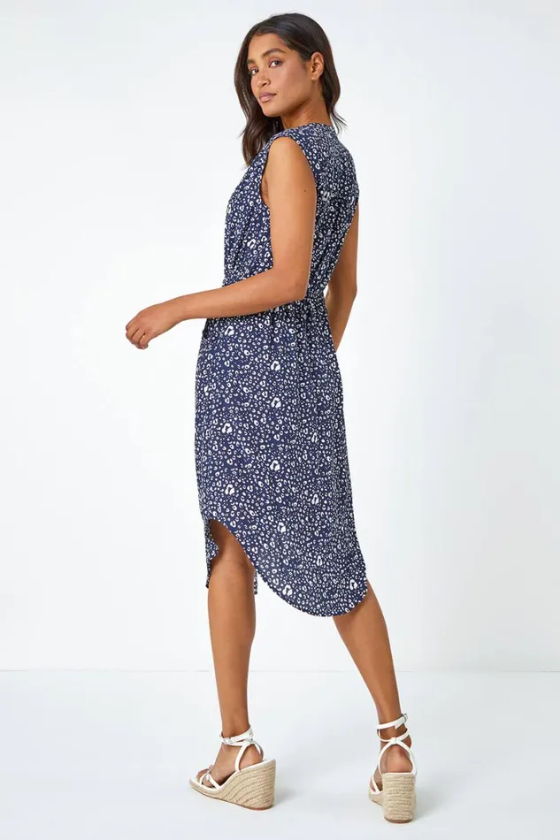 Women Navy Zip Detail Leopard Print Dress Roman Dresses