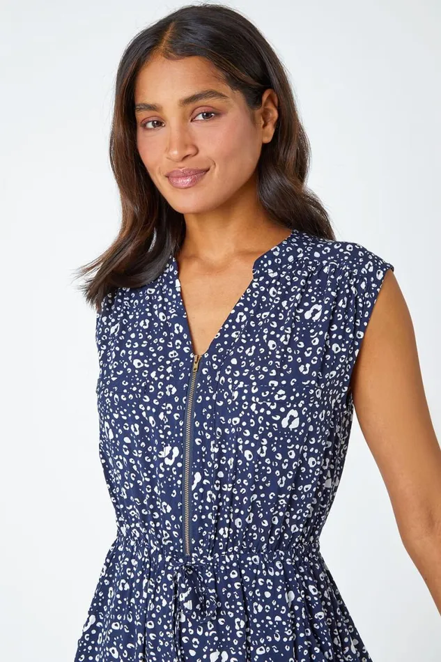 Women Navy Zip Detail Leopard Print Dress Roman Dresses