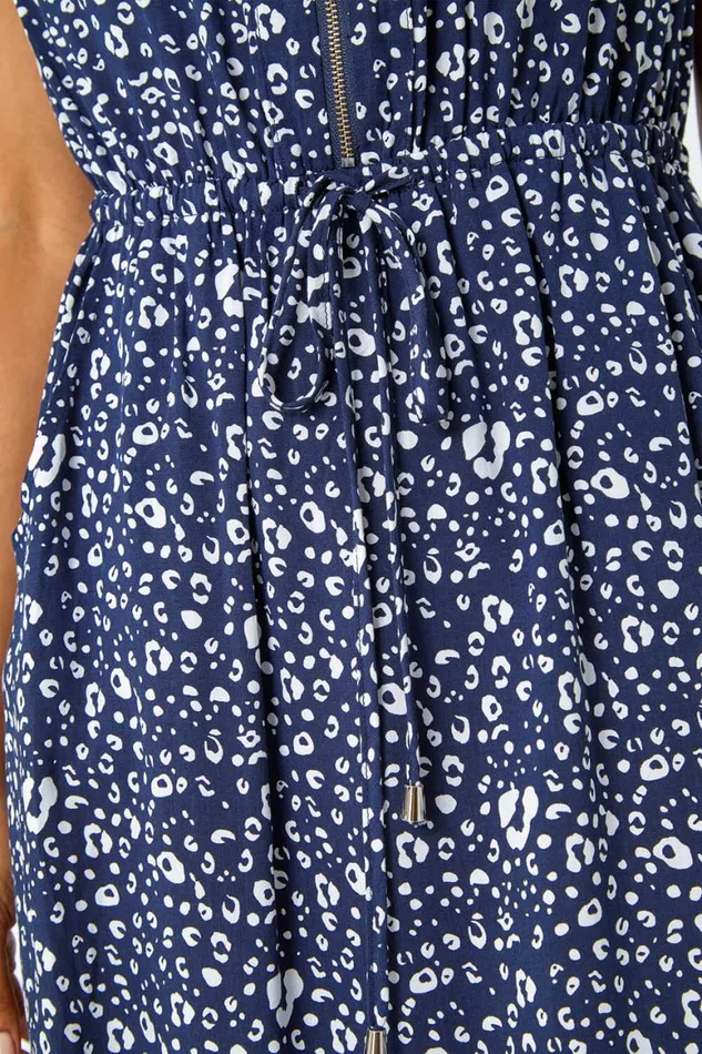 Women Navy Zip Detail Leopard Print Dress Roman Dresses
