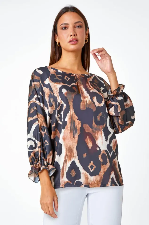 Women Neutral Abstract Print Blouson Sleeve Top Roman Tops