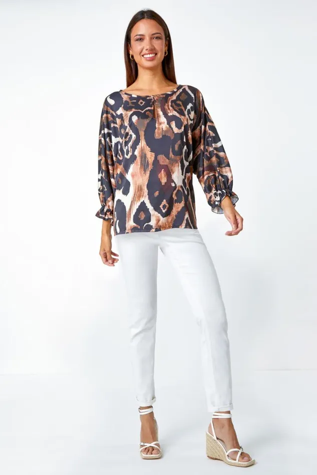 Women Neutral Abstract Print Blouson Sleeve Top Roman Tops