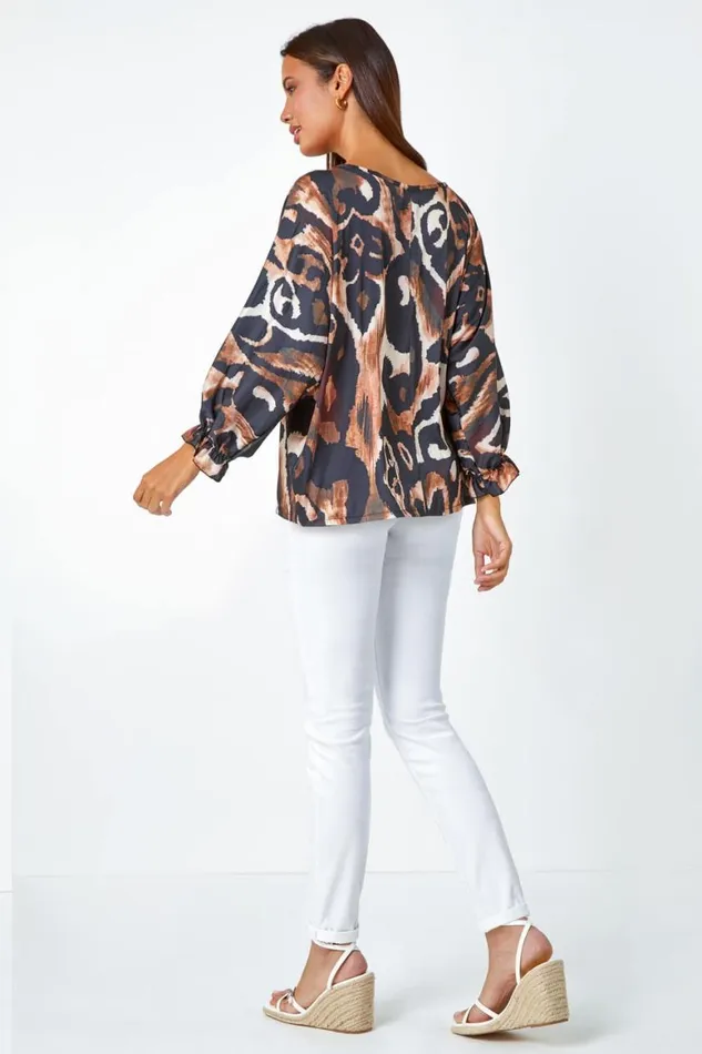 Women Neutral Abstract Print Blouson Sleeve Top Roman Tops