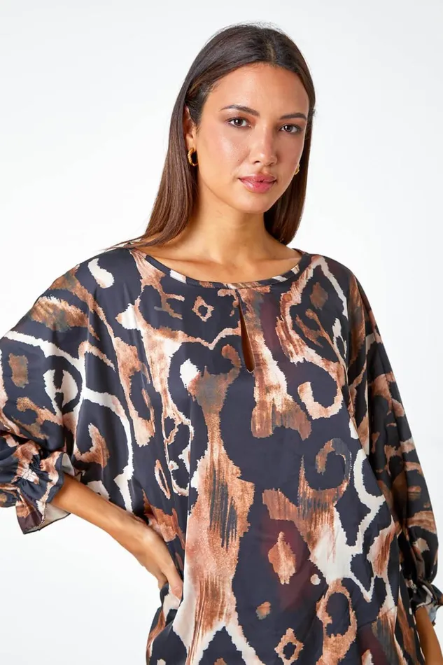 Women Neutral Abstract Print Blouson Sleeve Top Roman Tops