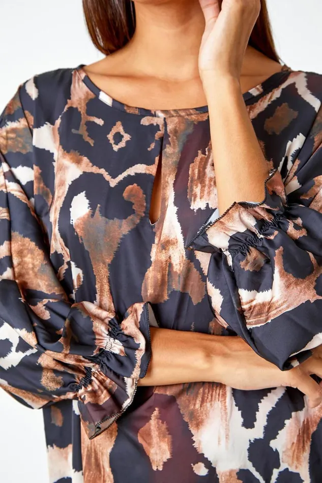 Women Neutral Abstract Print Blouson Sleeve Top Roman Tops