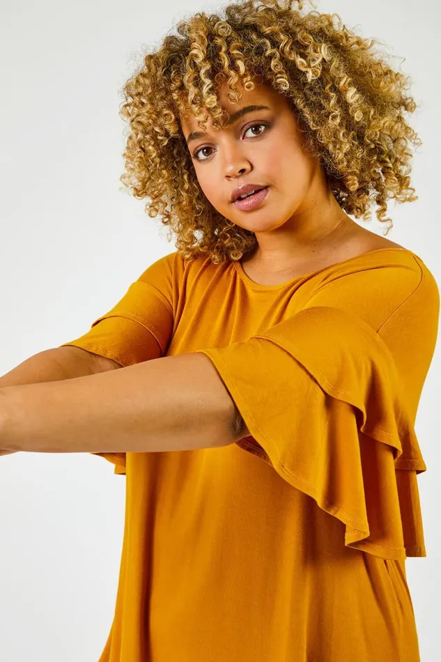 Women Ochre Curve Plain Frill Sleeve Detail Tee Roman Tops