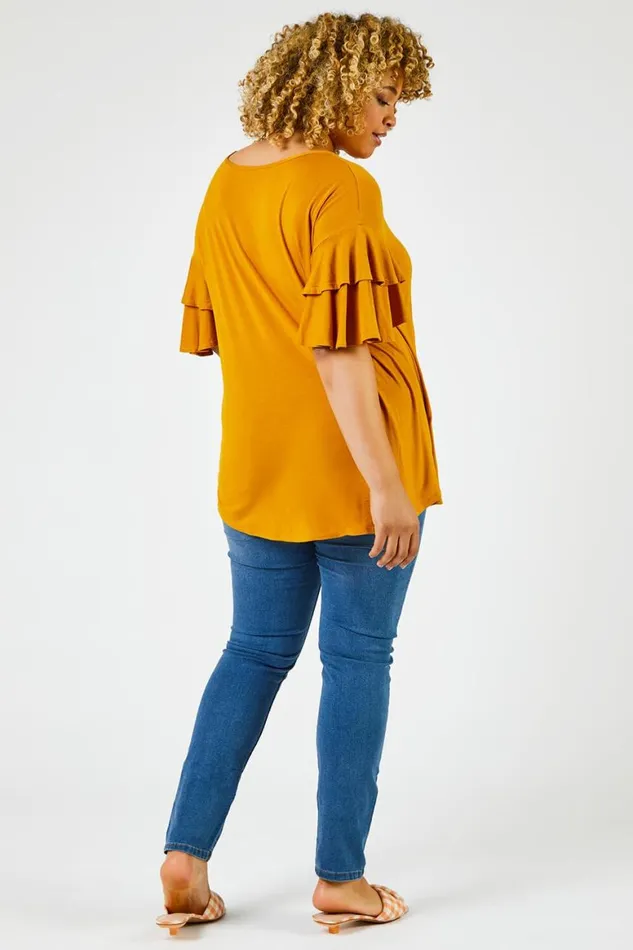 Women Ochre Curve Plain Frill Sleeve Detail Tee Roman Tops