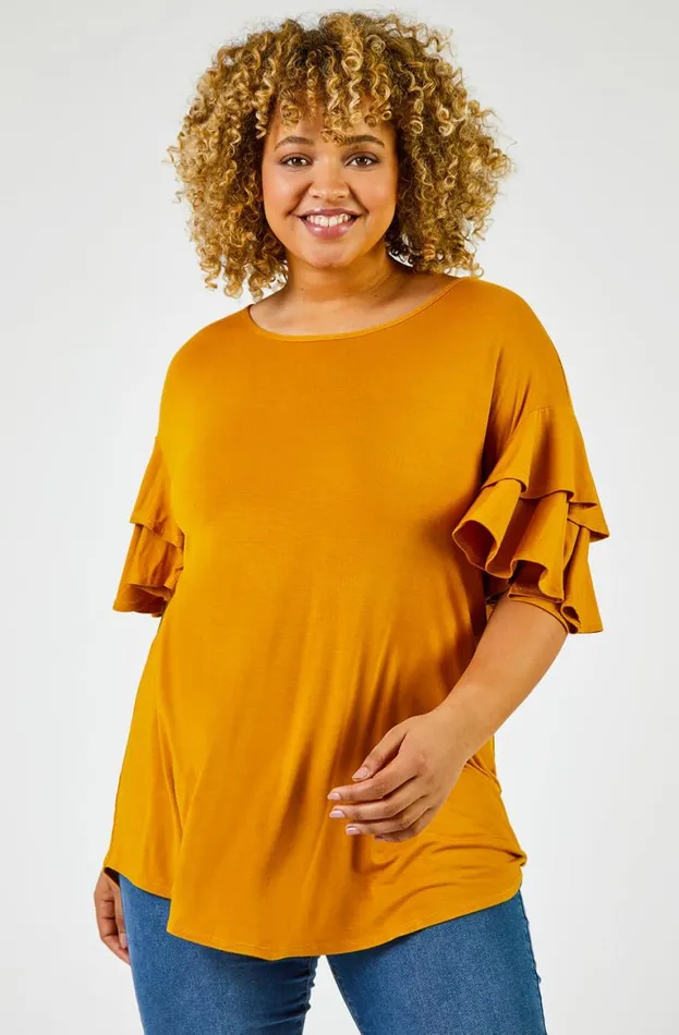 Women Ochre Curve Plain Frill Sleeve Detail Tee Roman Tops