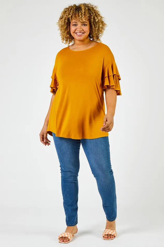Women Ochre Curve Plain Frill Sleeve Detail Tee Roman Tops