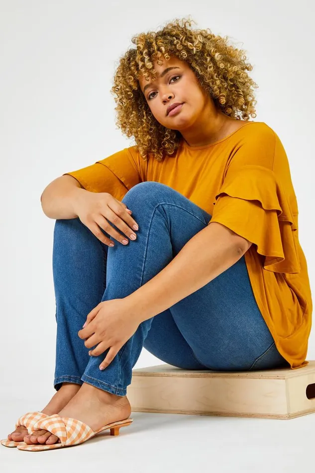 Women Ochre Curve Plain Frill Sleeve Detail Tee Roman Tops