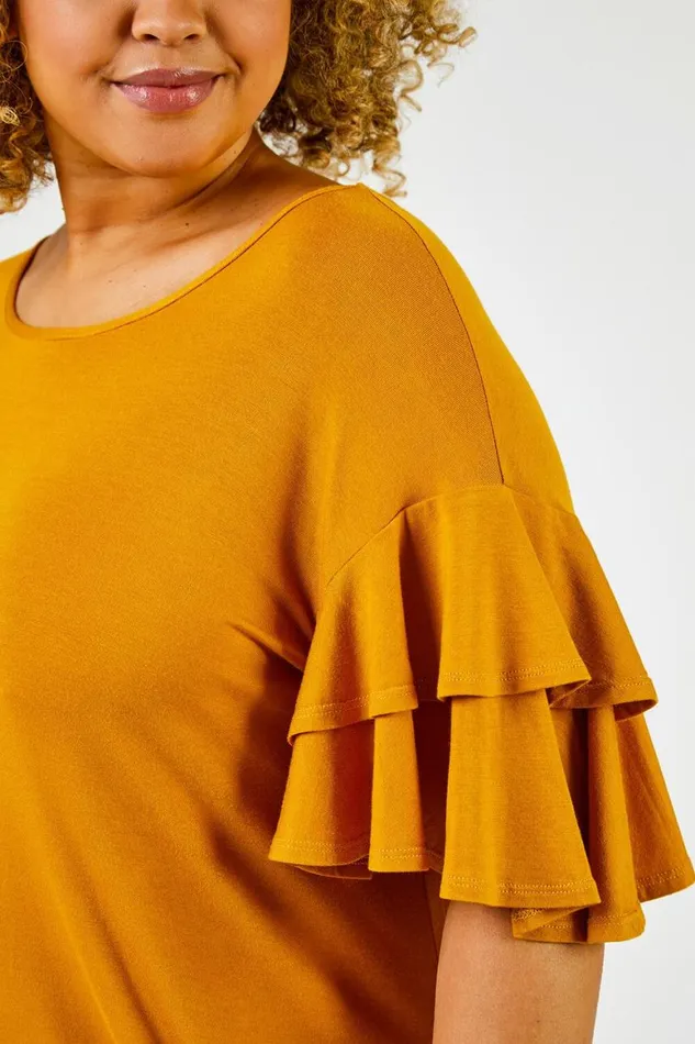 Women Ochre Curve Plain Frill Sleeve Detail Tee Roman Tops