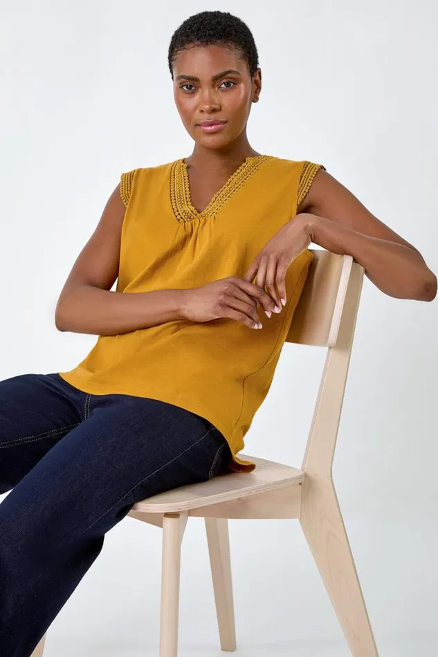 Women Ochre Sleeveless VNeck Lace Trim Cotton Top Roman Tops