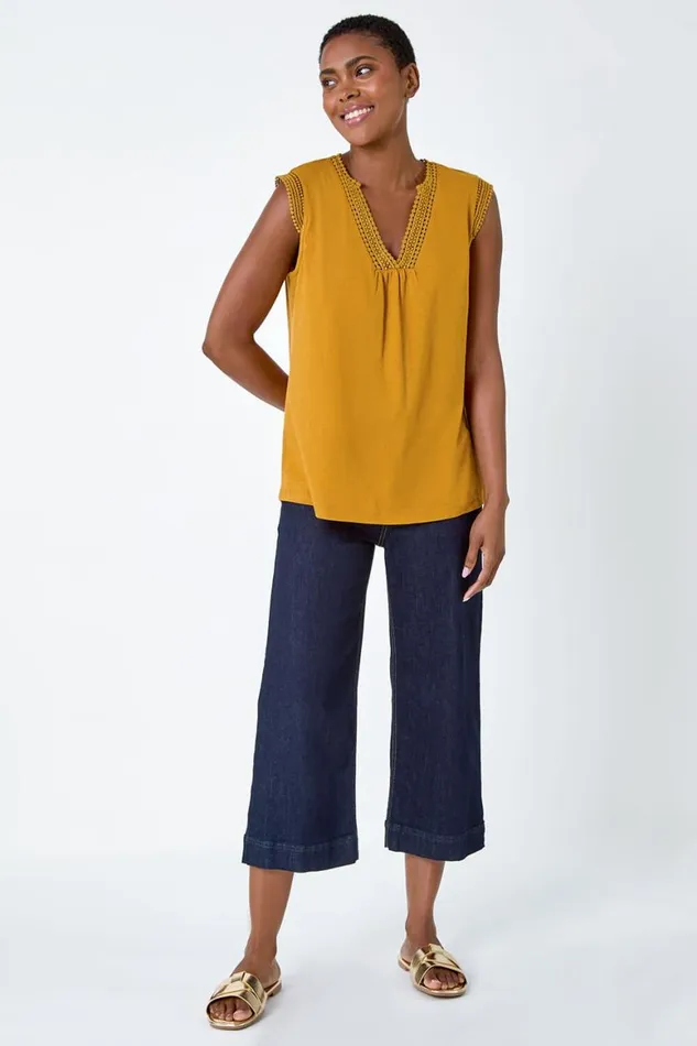 Women Ochre Sleeveless VNeck Lace Trim Cotton Top Roman Tops