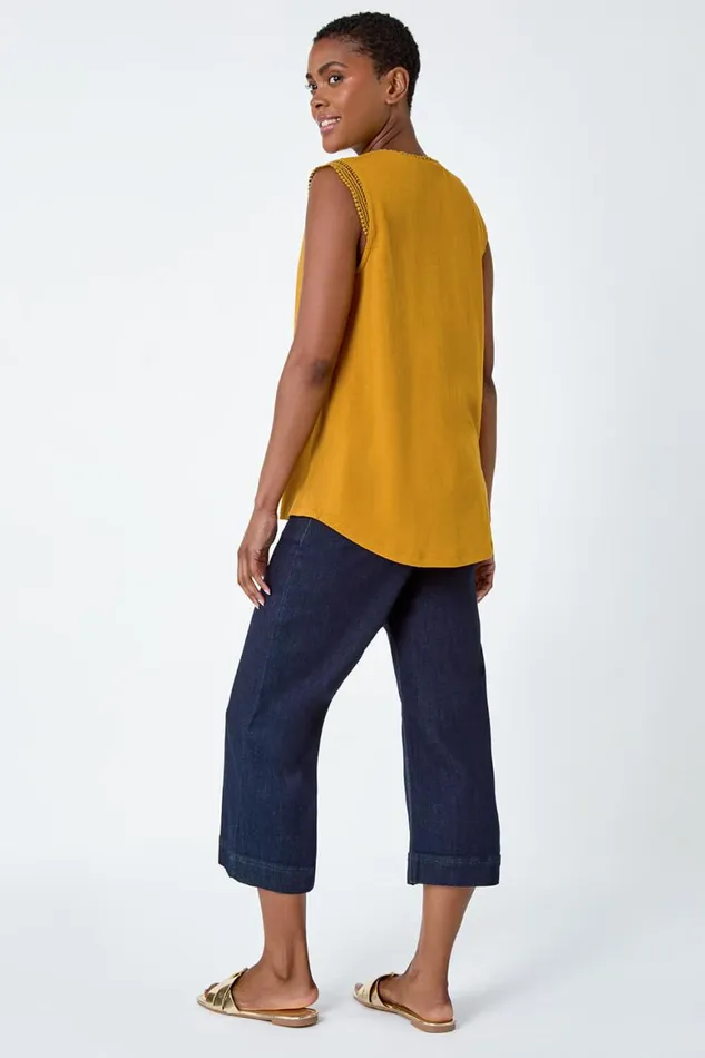Women Ochre Sleeveless VNeck Lace Trim Cotton Top Roman Tops