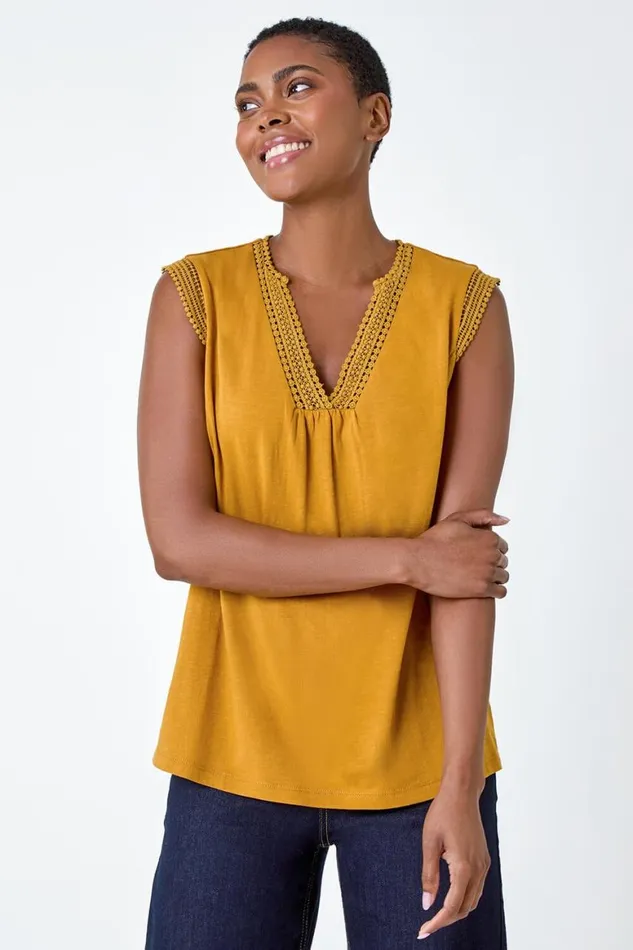 Women Ochre Sleeveless VNeck Lace Trim Cotton Top Roman Tops