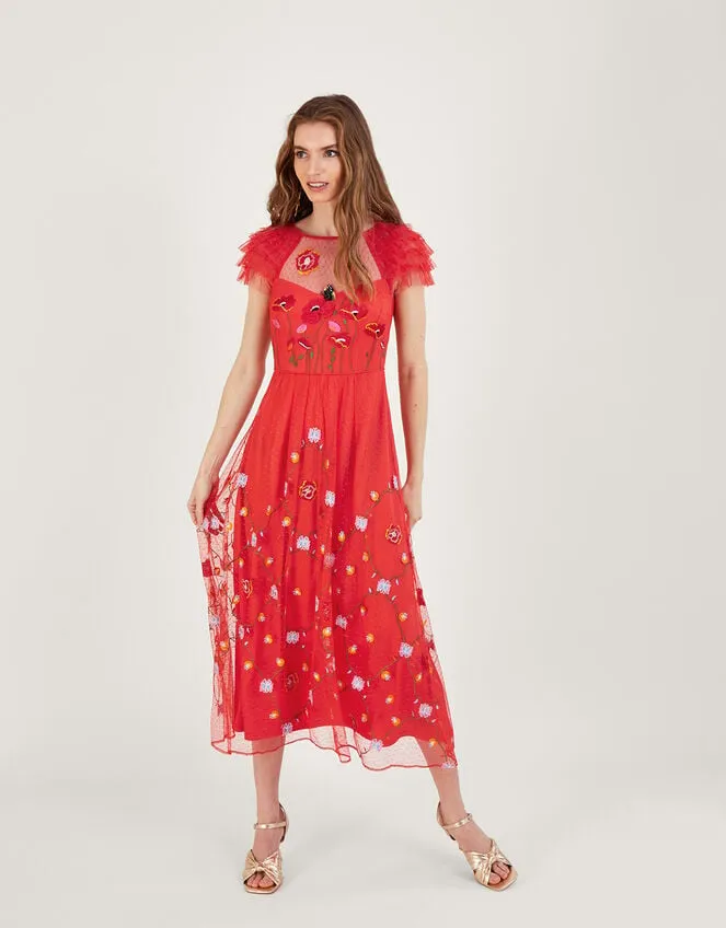 Women Octavia Embroidered Midi Dress Red Monsoon Occasionwear
