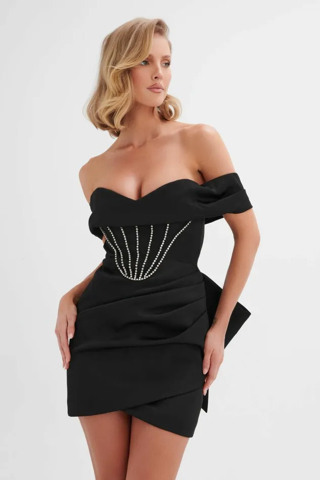 Women Off The Shoulder and Bardot Lavish Alice GEORGIE Satin Off Shoulder Lace Up Mini Dress In Black Black Women Off The Shoulder and Bardot Lavish Alice GEORGIE Satin Off Shoulder Lace Up Mini Dress In Black Black
