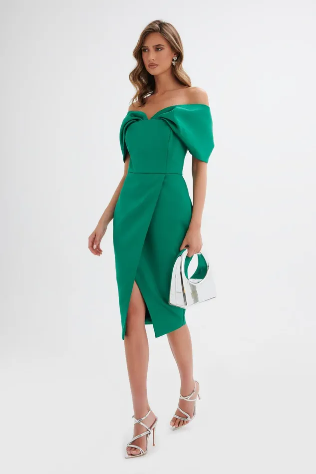 Women Off The Shoulder and Bardot Lavish Alice HARLEEN Draped Bardot Bonded Satin Midi Dress In Emerald Green Emerald Green Women Off The Shoulder and Bardot Lavish Alice HARLEEN Draped Bardot Bonded Satin Midi Dress In Emerald Green Emerald Green