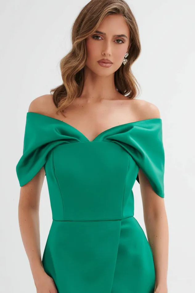Women Off The Shoulder and Bardot Lavish Alice HARLEEN Draped Bardot Bonded Satin Midi Dress In Emerald Green Emerald Green