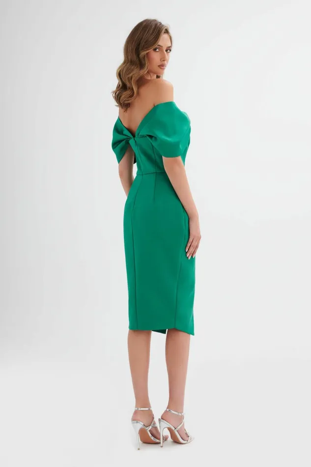 Women Off The Shoulder and Bardot Lavish Alice HARLEEN Draped Bardot Bonded Satin Midi Dress In Emerald Green Emerald Green