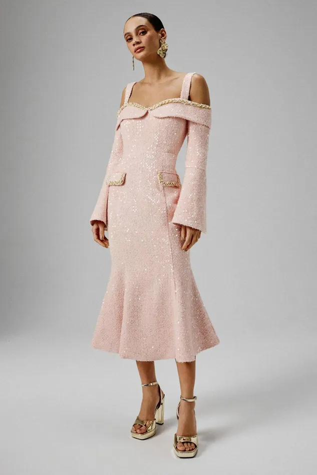 Women Off The Shoulder and Bardot Lavish Alice MANDI Sequin Boucle Bardot Long Midi Dress In Pink Pink Women Off The Shoulder and Bardot Lavish Alice MANDI Sequin Boucle Bardot Long Midi Dress In Pink Pink