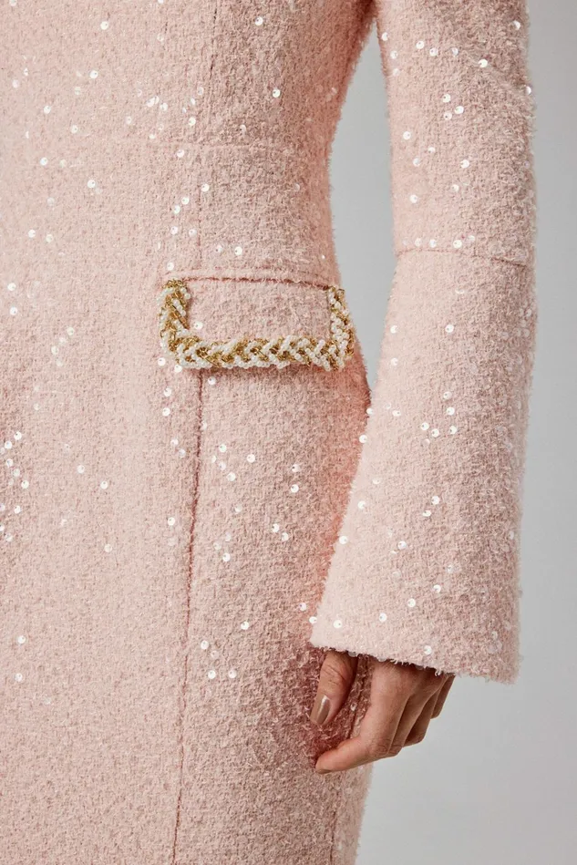 Women Off The Shoulder and Bardot Lavish Alice MANDI Sequin Boucle Bardot Long Midi Dress In Pink Pink
