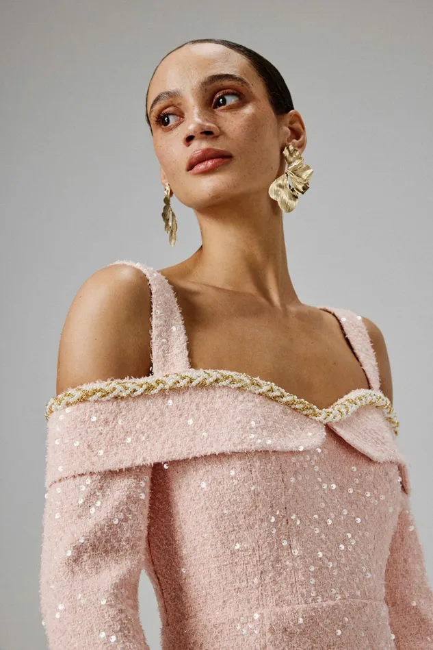 Women Off The Shoulder and Bardot Lavish Alice MANDI Sequin Boucle Bardot Long Midi Dress In Pink Pink