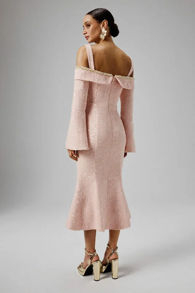 Women Off The Shoulder and Bardot Lavish Alice MANDI Sequin Boucle Bardot Long Midi Dress In Pink Pink