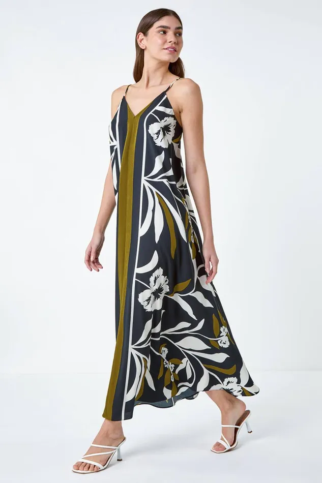 Women Olive Floral Border Print Strappy Trapeze Dress Roman Dresses