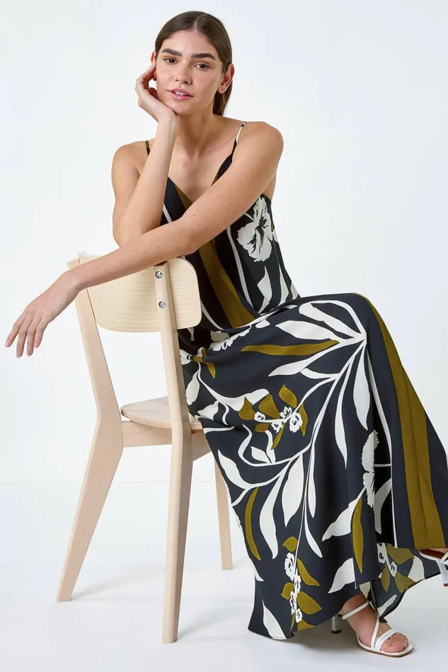 Women Olive Floral Border Print Strappy Trapeze Dress Roman Dresses