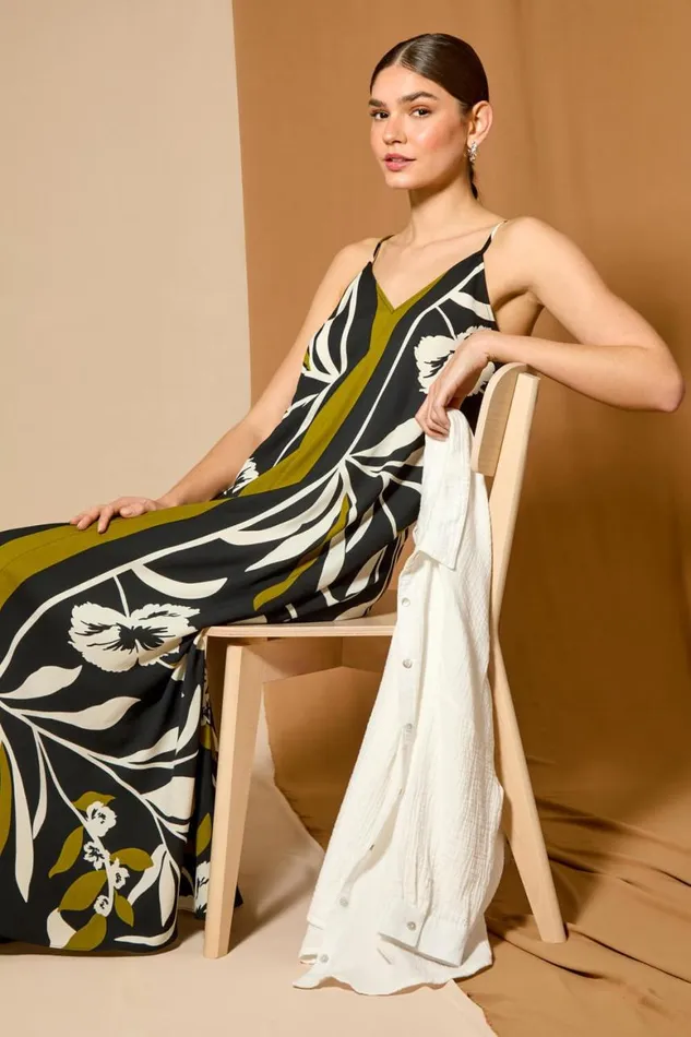 Women Olive Floral Border Print Strappy Trapeze Dress Roman Dresses