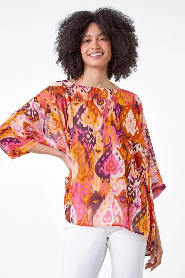 Women Orange Aztec Print Chiffon Overlay Top Roman Tops