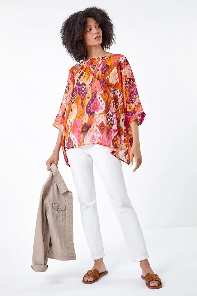 Women Orange Aztec Print Chiffon Overlay Top Roman Tops