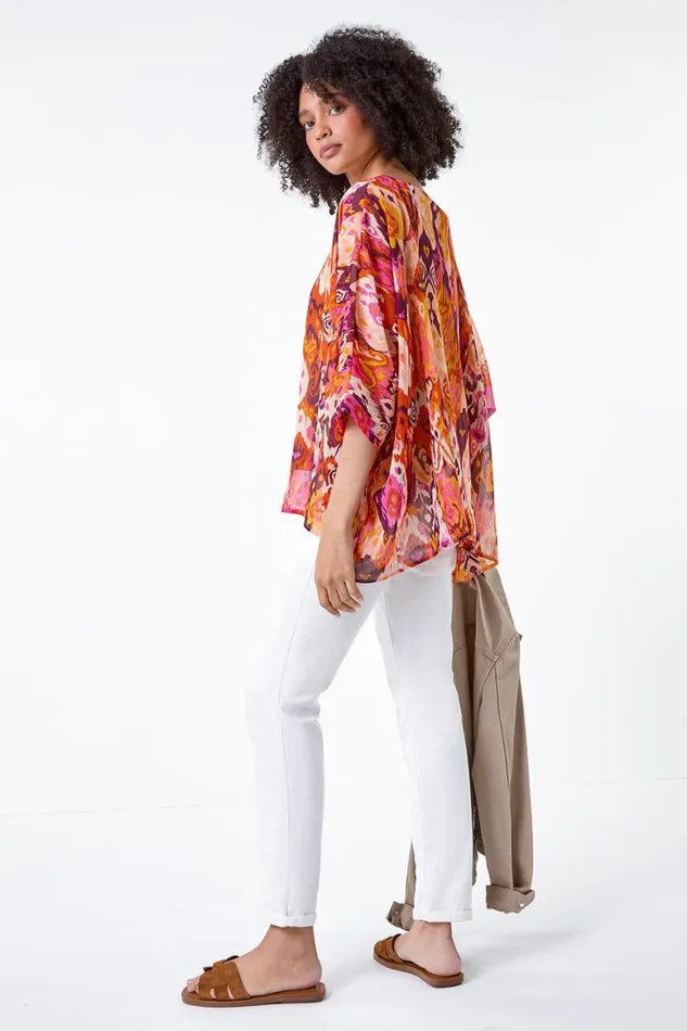 Women Orange Aztec Print Chiffon Overlay Top Roman Tops