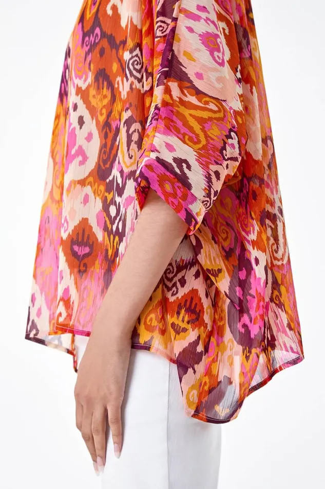 Women Orange Aztec Print Chiffon Overlay Top Roman Tops
