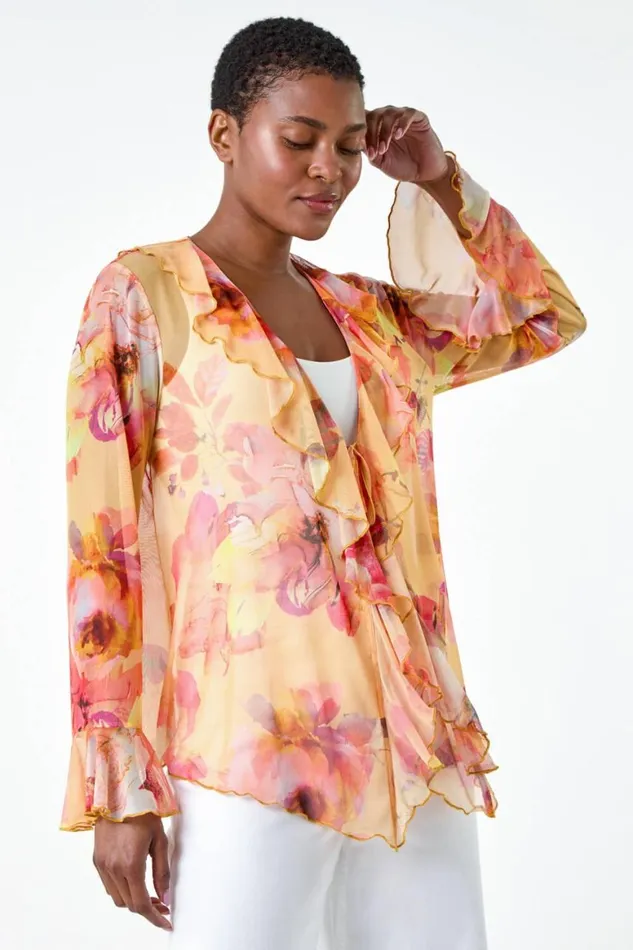 Women Orange Blurred Floral VNeck Stretch Mesh Top Roman Tops
