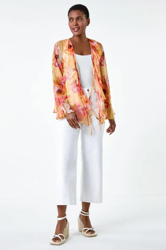 Women Orange Blurred Floral VNeck Stretch Mesh Top Roman Tops