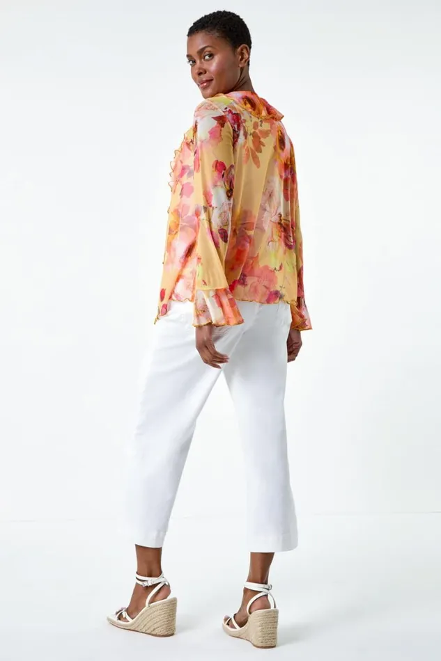 Women Orange Blurred Floral VNeck Stretch Mesh Top Roman Tops
