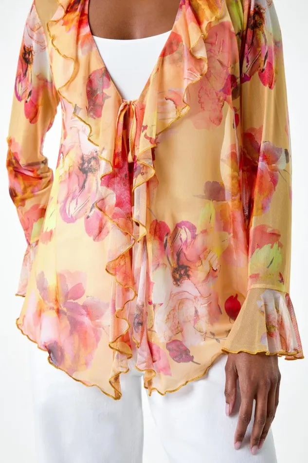 Women Orange Blurred Floral VNeck Stretch Mesh Top Roman Tops
