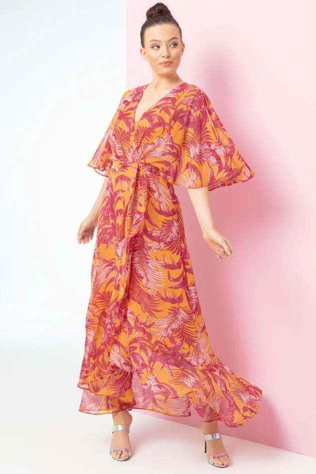 Women Orange Chiffon Wrap Maxi Dress Roman Dresses