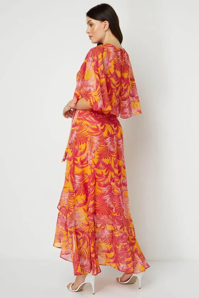 Women Orange Chiffon Wrap Maxi Dress Roman Dresses